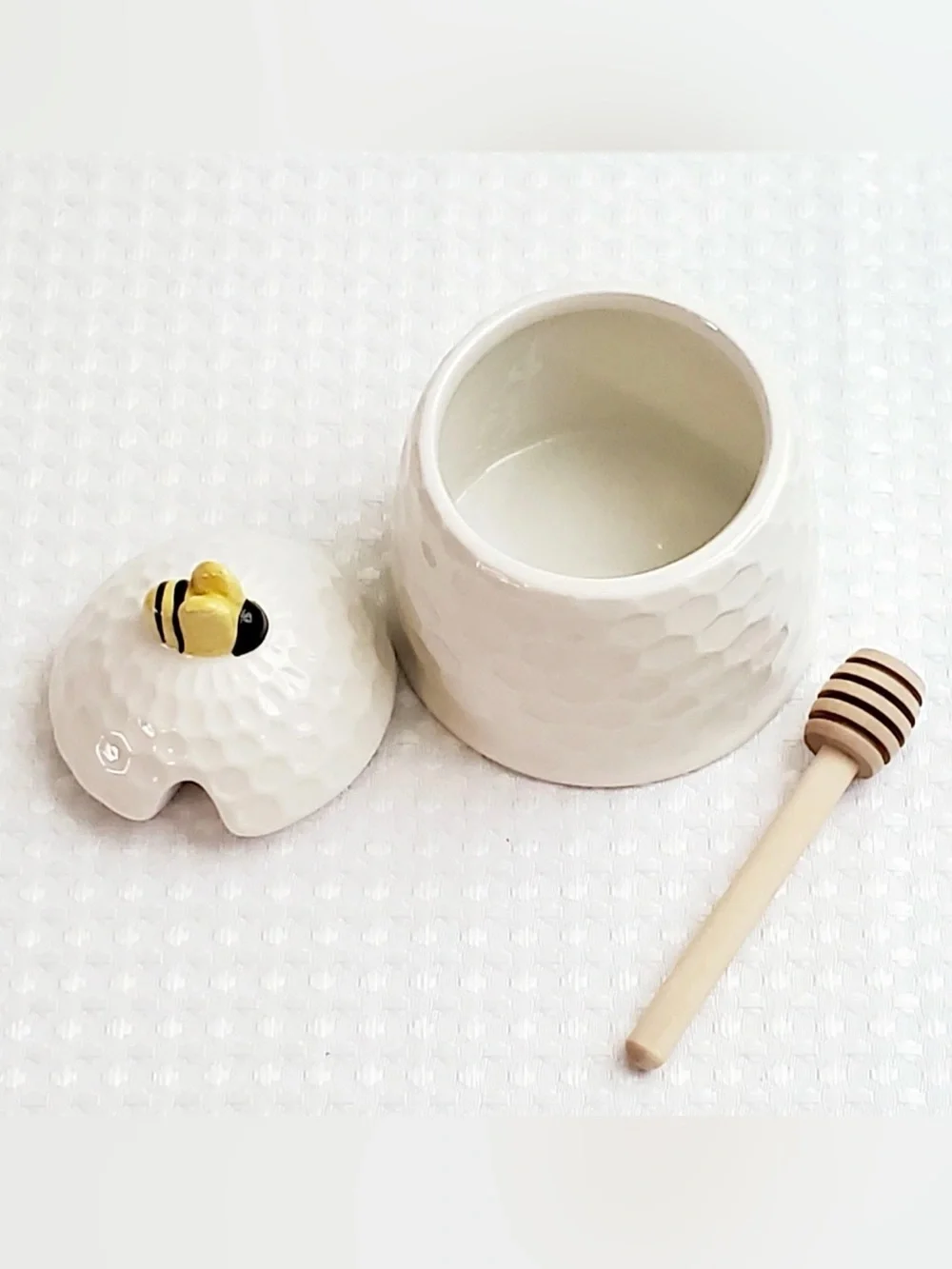 Vintage Ceramic Honey Dipper Pot with Honey Comb Design & Bee On Cover 4